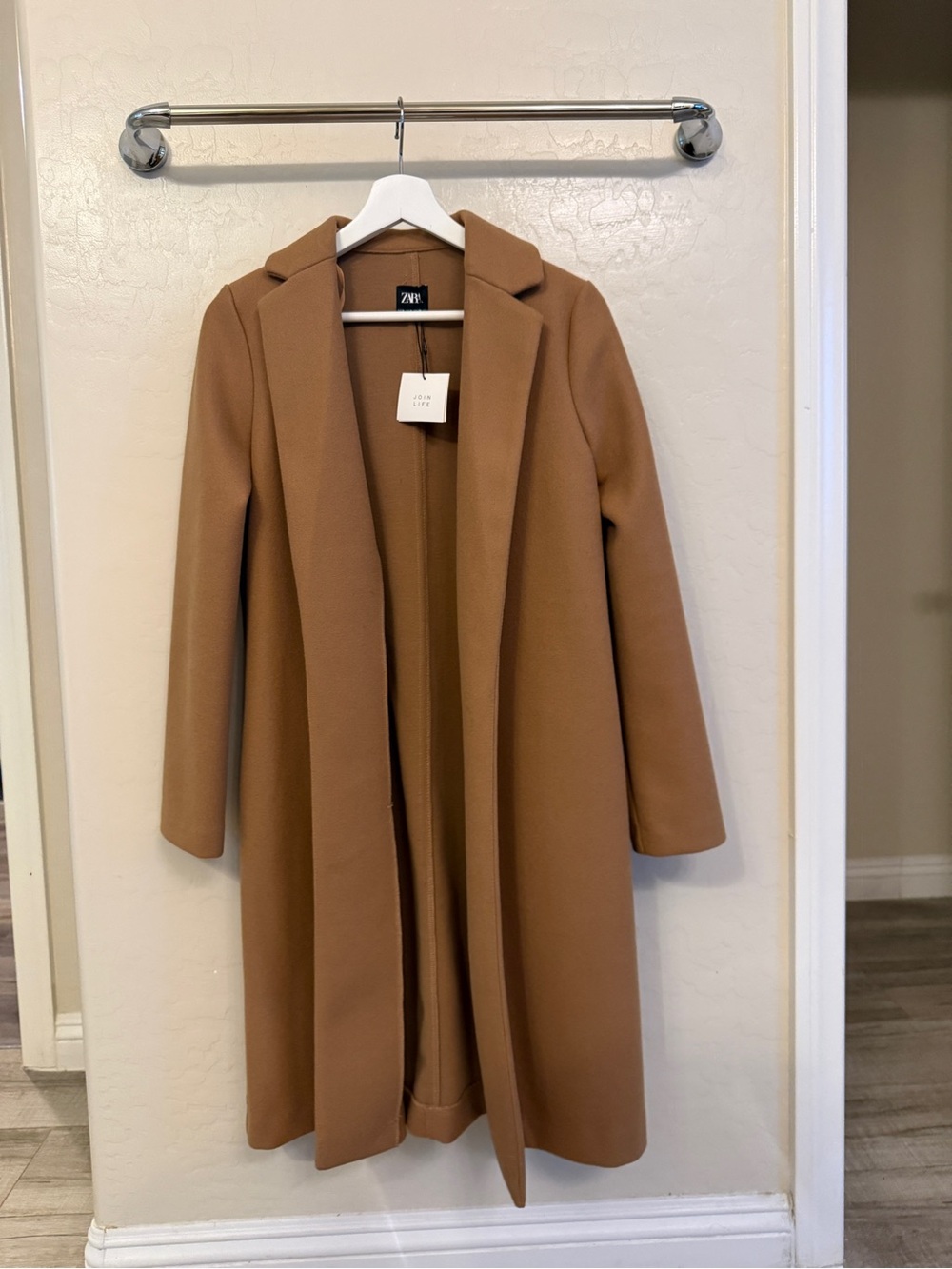 Zara Camel Open-Front Long Trench Coat